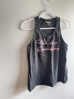 Harley-Davidson women's racerback tank scripted font logo and easy-open snaps.